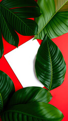 Obraz premium green tropical leaves surround a blank white card on a red background