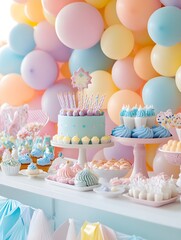 Imaginative Birthday Party with Colorful Balloons A vibrant scene depicting a festive setting with colorful balloons, lights and table decorations. Children and adults celebrate together with smiles.