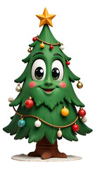 Christmas tree with happy expression on white background, cartoon style
