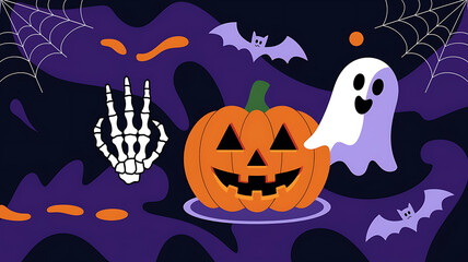 Fototapeta premium Spooky Halloween pumpkin, ghost, and skeletal hand graphic design. 