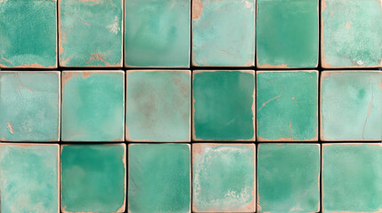 Close-up view of 15 vintage turquoise ceramic tiles with distressed textures in a 3x5 grid arrangement