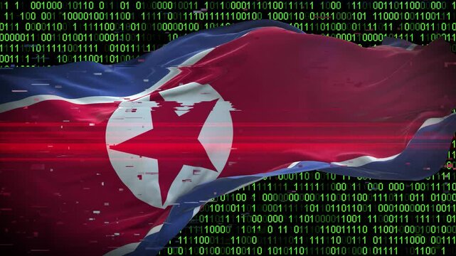 Binary code on flag of Korea North. Program source code or Hacker concept on North Korean flag. North Korea digital technology security, hacking or programming