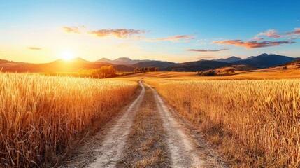 Serene Sunrise Over Golden Wheat Field Pathway