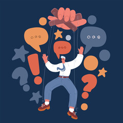 Cartoon vector illustration of a boss manipulating an employee like a puppet, illustrating power dynamics and control in the workplace