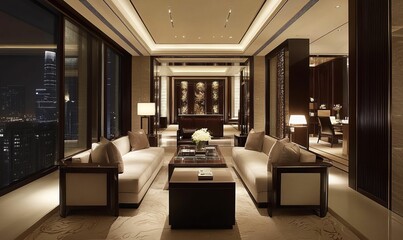 Luxurious living room with city view.