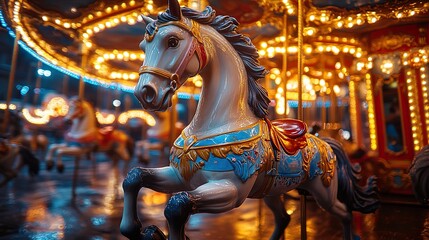 Circus Carousel Horse in Mid-Gallop with Bright Lights