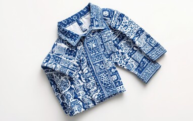 A top-down view of a toddler boy's blue-patterned cotton pajama set, featuring a matching shirt and pants neatly arranged flat against a crisp white background