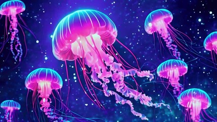 Cartoon jellyfish with glowing neon tentacles drifting through a starry sky. The jellyfish pulse and morph otherworldly creatures, 4k High-Quality background Animation Video - Powered by Adobe