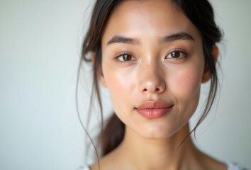 Naklejka premium Young beautiful asian woman, close-up, minimal expression, natural lighting, clear background, neutral tones, soft focus.jpeg