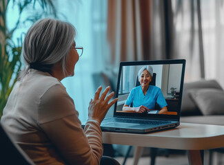 An elderly woman, seated in a cozy, well-lit living room, smiles and gestures while having an online consultation with her female doctor, who appears on the laptop screen wearing blue medical scrubs.