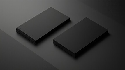 Two Black Business Cards on Dark Grey Surface, One Card Flat and the Other Overlapping at an Angle, Blank with No Text or Logos, Monochromatic Color Scheme Creating Sleek and Professional Appearance