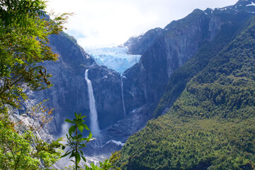 Glacier and waterfall at Ventisquera Colgante Quelat National Park