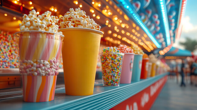 Colorful Circus Food Stands with Popcorn, Candy, and Drinks