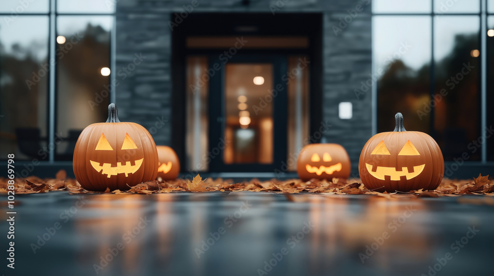 Sticker Halloween jack-o'-lantern pumpkins with carved faces glows with warm light on a modern porch surrounded by fallen autumn leaves.