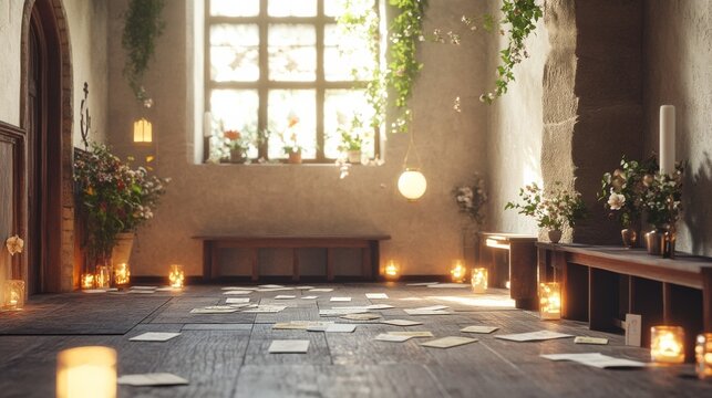 An empty scene featuring a quiet chapel corner filled with glowing lanterns, simple wooden benches, and prayer cards scattered on the floor,