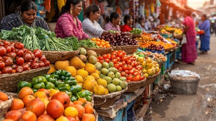 Vibrant Fresh Produce at a Bustling Market Scene