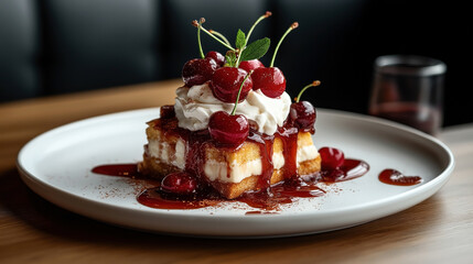 Gourmet dessert featuring layered sponge cake with cream filling, topped with whipped cream, fresh cherries, and cherry sauce on a white plate.