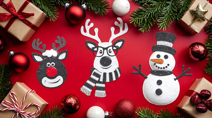 Red and white Christmas decorations on a red background, festive holiday cheer. 
