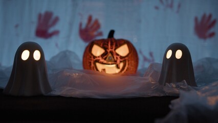 Halloween Pumpkin Glowing With Scary Ghosts