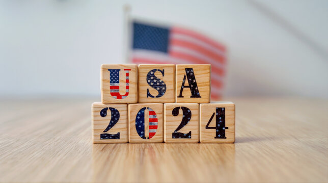 USA 2024 wooden blocks with American flag. Generative AI
