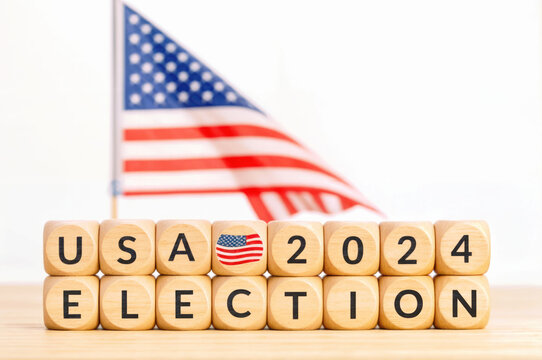 USA 2024 election blocks with flag background. Generative AI