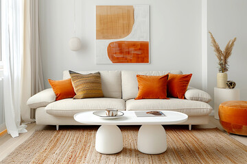 Minimalist interior design of modern living room. Beige fabric sofa with bright orange pillows.