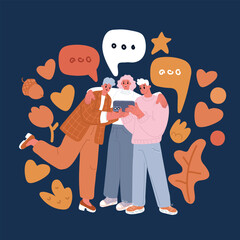 Cartoon vector illustration of friends chatting on smartphones, capturing selfies, and recording videos together, celebrating modern friendship and technology