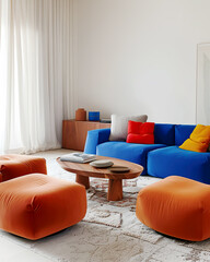 Minimalist, japandi interior design of modern stylish living room with colorful sofa and pouf.