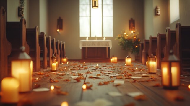An empty scene featuring a quiet chapel corner filled with glowing lanterns, simple wooden benches, and prayer cards scattered on the floor, 