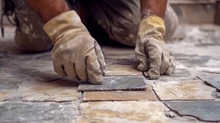 Skilled Worker Laying Stone Tiles with Precision and Care in a Construction or Renovation Project Setting