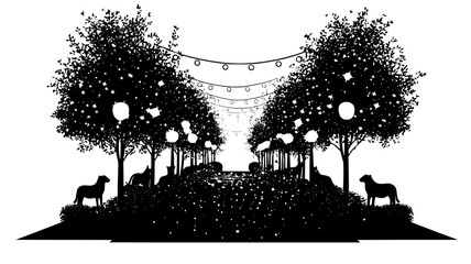Obraz premium Botanical garden pathway lined with illuminated animal-shaped topiaries, illustration art