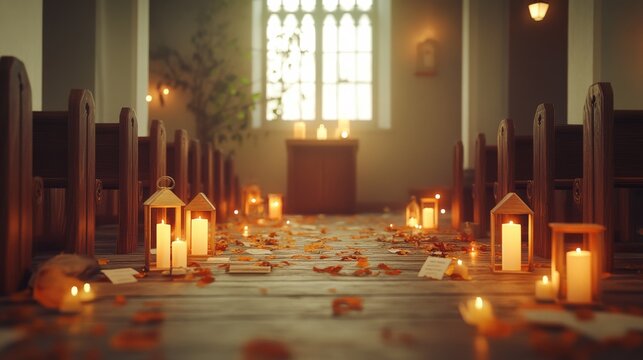 An empty scene featuring a quiet chapel corner filled with glowing lanterns, simple wooden benches, and prayer cards scattered on the floor, 