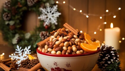 Festive bowl of mixed nuts with orange slices and cinnamon, set against a holiday background with lights and decorations.