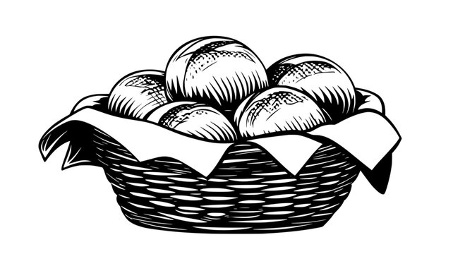 Dinner rolls in a bread basket with cloth, illustration art