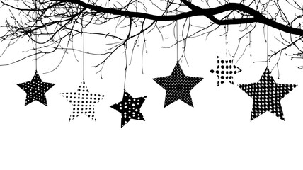 Fabric stars stitched with patterns hanging from tree branches, illustration