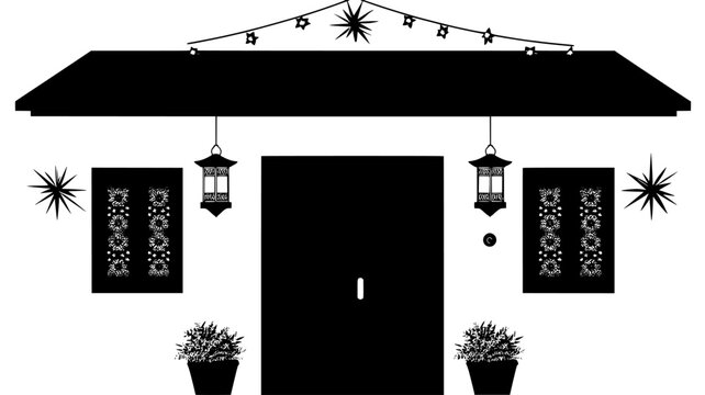 Filipino parol lantern hanging from eaves of house entrance, illustration art