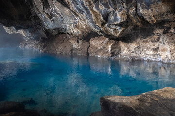 View from the cave with crystal clear blue water