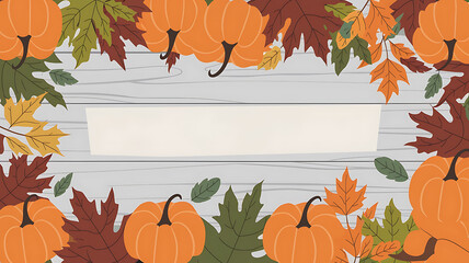 Orange pumpkins and fall leaves on a wooden background, perfect for Thanksgiving and autumn designs. 
