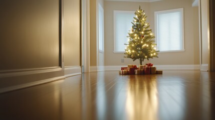 Christmas tree adorned with lights and gifts in a cozy, sunlit room, AI