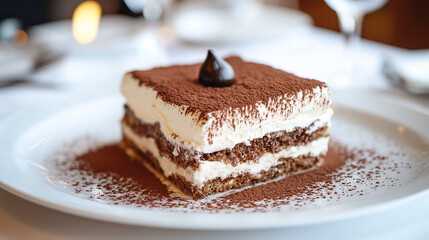 Close-up of a creamy tiramisu with cocoa dusting