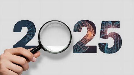 A hand holding a magnifying glass over the year 2025, blue and orange, futuristic, new year, new opportunities. 
