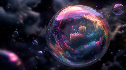 A single, colorful bubble with a galaxy-like interior, surrounded by a dark, abstract background.
