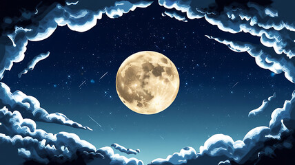 Full moon framed by clouds at night.
