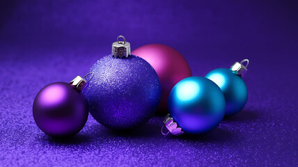 Purple blue Christmas ornaments on a purple background, festive holiday decorations. 
