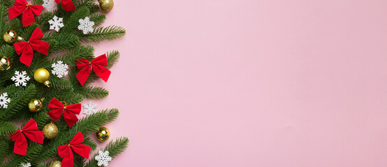 Christmas background with fir branches and Christmas decor. Top view, copy space for text