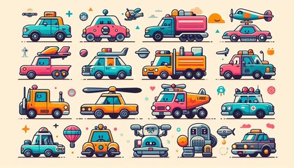 Flat style collection of cute cars