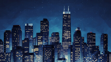 Night cityscape with blue and yellow tones, showcasing urban life and modern architecture.