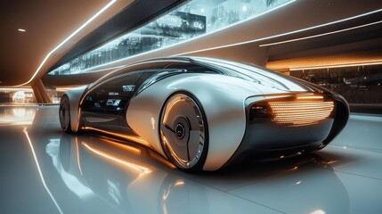 Fototapeta premium Futuristic Electric Car in Modern Showroom with Sleek Design and Ambient Lighting