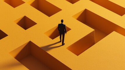 Man Navigating Through an Abstract Maze Landscape