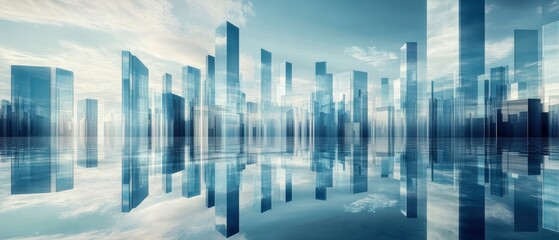 Fototapeta premium A stunning skyline of modern buildings reflecting on water, showcasing urban architecture and serene beauty.